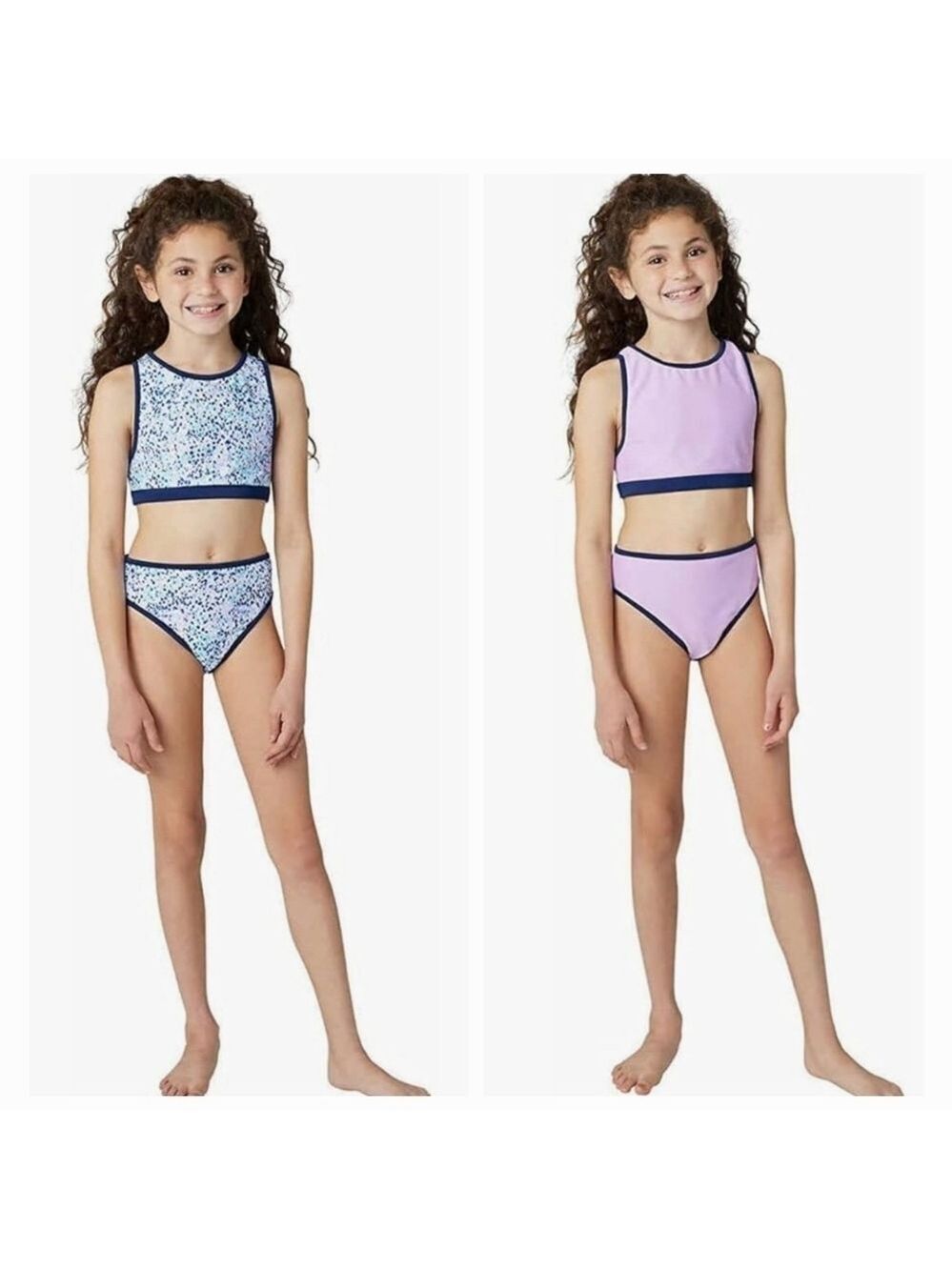 Eddie Bauer Girls L 2-piece Reversible Swimsuit Navy Blue Polka-dot and Purple